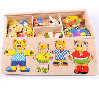 Fidtoy Famille d'ours en bois à habiller pour tout-petits – Jouet éducatif créatif avec tenues et expressions