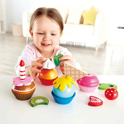 Fidtoy Ensemble de jouets en bois pour cupcakes 18 pièces, kit de dessert pour enfants, jeu d'imitation