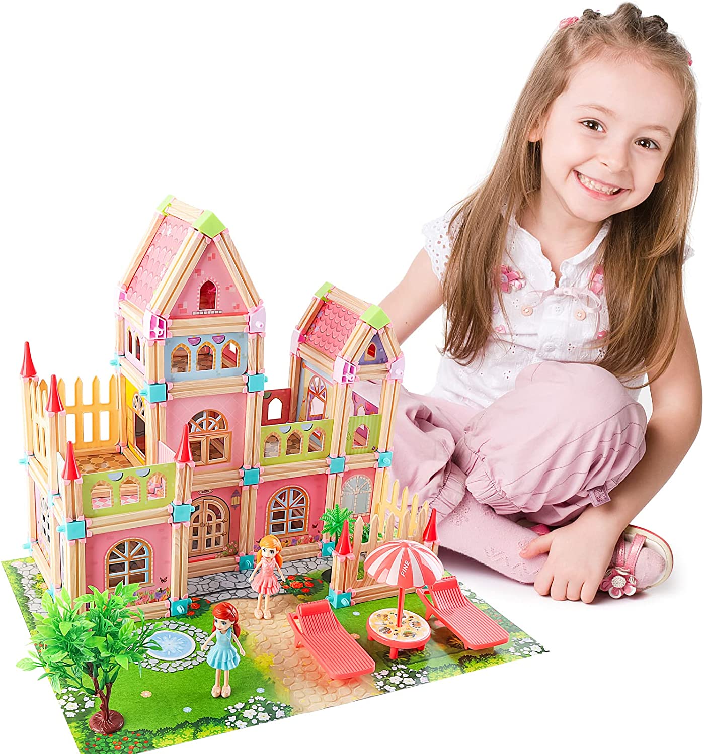 Maison de poupée pour enfants, blocs de construction à assembler, château de jeu avec carte et accessoires de poupée, maison de rêve de princesse