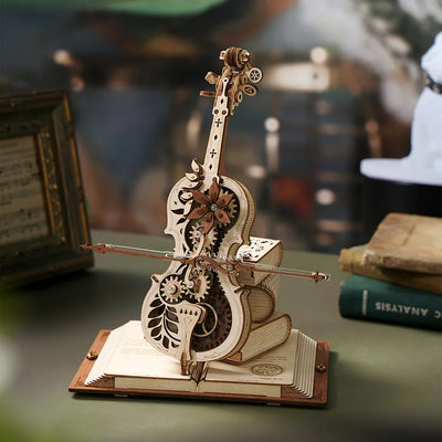 Caja de música mecánica DIY de violonchelo vintage, rompecabezas 3D de madera con la hermosa música "Nocturno, Op.9, N.º2 en mi bemol"