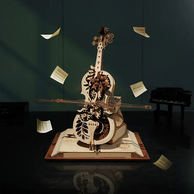 Caja de música mecánica DIY de violonchelo vintage, rompecabezas 3D de madera con la hermosa música "Nocturno, Op.9, N.º2 en mi bemol"