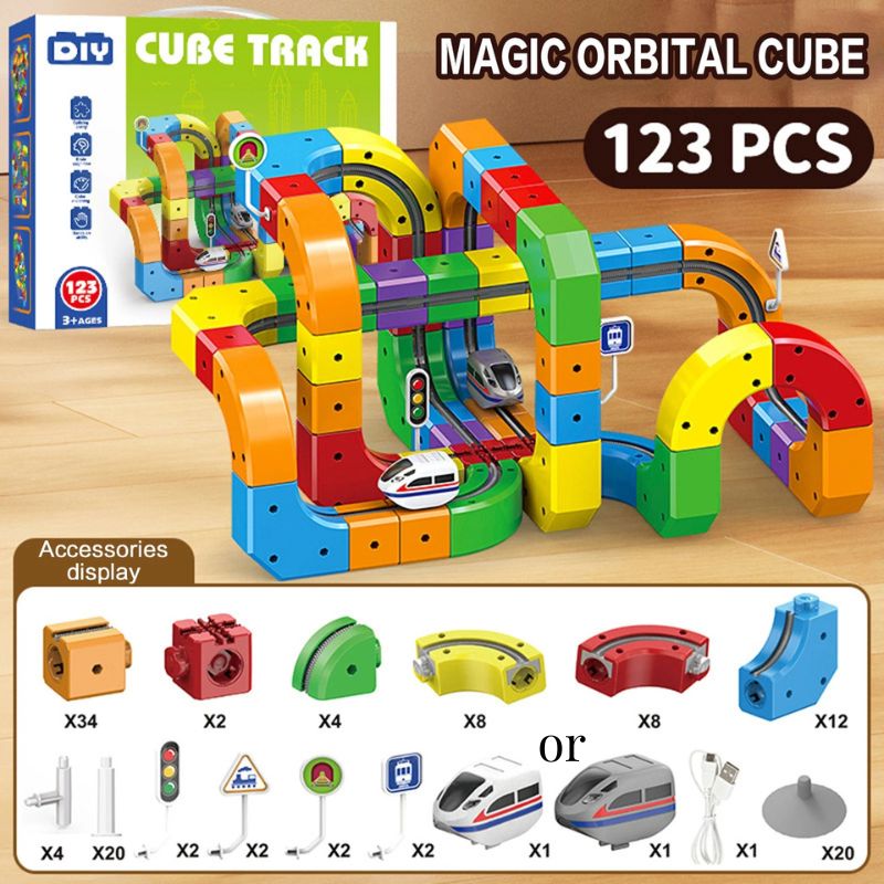 Ensemble de construction de circuit de train 3D emboîtable | Circuit orbital à boucles infinies et à forme libre de 123 pièces