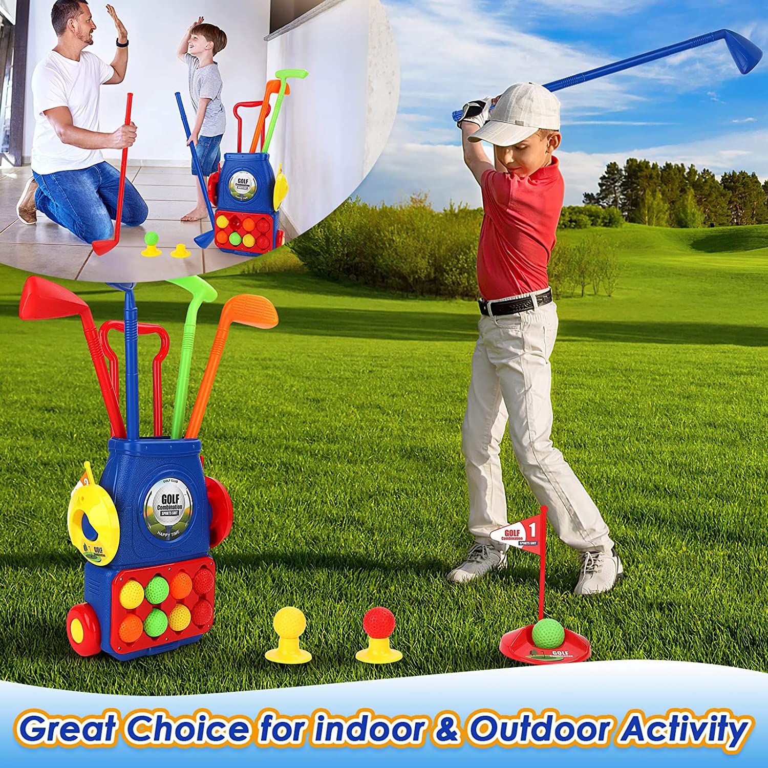 Juego de Juguete de Maleta de Golf para Niños, Juguetes Deportivos para Exterior e Interior con 6 Pelotas, 4 Palos de Golf, 2 Hoyos de Práctica, Set de Palos de Golf para Juego de Jardín para Niños