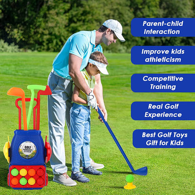 Juego de Juguete de Maleta de Golf para Niños, Juguetes Deportivos para Exterior e Interior con 6 Pelotas, 4 Palos de Golf, 2 Hoyos de Práctica, Set de Palos de Golf para Juego de Jardín para Niños