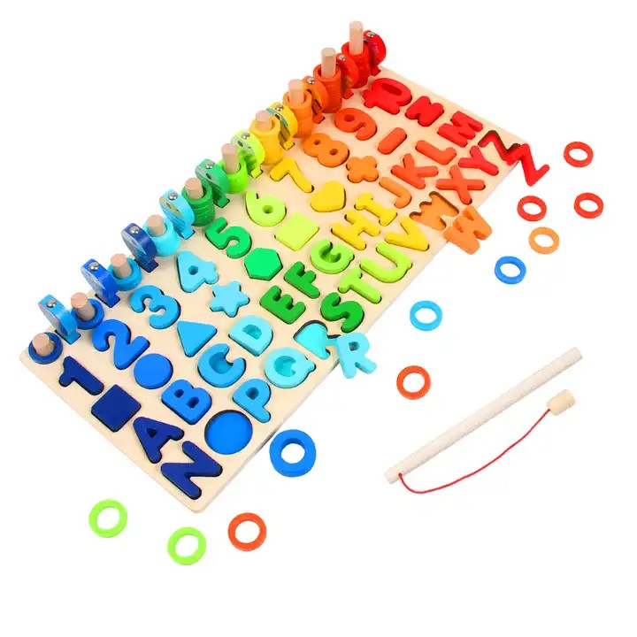Fidtoy Montessori Wooden Numbers & Letters Learning Board – Magnetic Fishing & Shape Sorting Toy