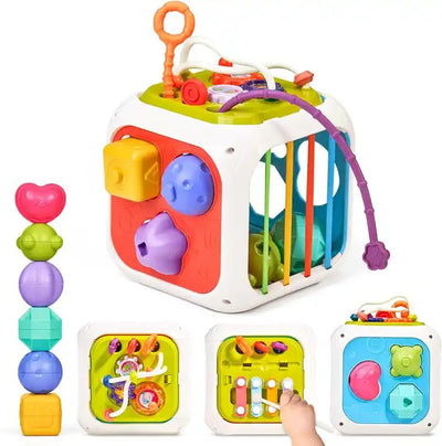Fidtoy Cube d'activités Montessori 7-en-1 pour tout-petits – Cube d'apprentissage sensoriel multifonctionnel avec trieur de formes, xylophone, engrenages, perles, ficelle à tirer et blocs empilables