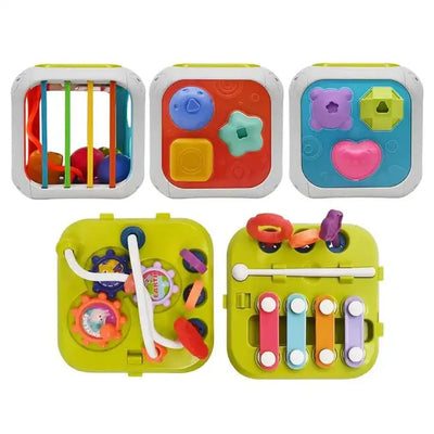 Fidtoy Cube d'activités Montessori 7-en-1 pour tout-petits – Cube d'apprentissage sensoriel multifonctionnel avec trieur de formes, xylophone, engrenages, perles, ficelle à tirer et blocs empilables