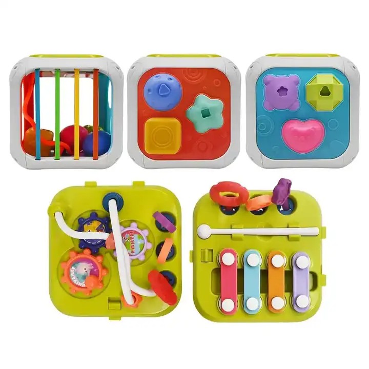Fidtoy Cube d'activités Montessori 7-en-1 pour tout-petits – Cube d'apprentissage sensoriel multifonctionnel avec trieur de formes, xylophone, engrenages, perles, ficelle à tirer et blocs empilables