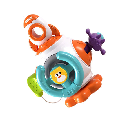Fidtoy Rocket Montessori Busy Cube for Babies – 6-Sided Sensory Activity Cube with Spinner, Press Button, Pull Rocket, Steering Wheel, Simulated Plug, and Space Play