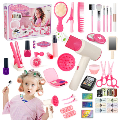 50 Pièces Trousse de Maquillage Enfant Fille Set Coiffure Beauté Mode Kit Faux Salon de Coiffure Jouet Ensemble Accessoires de Maquillage Playset Pour Enfants
