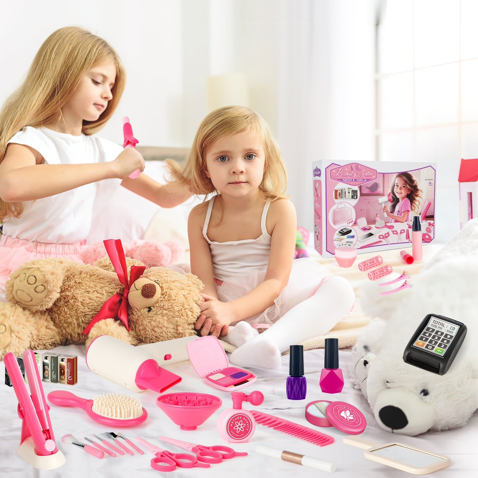 50 Pièces Trousse de Maquillage Enfant Fille Set Coiffure Beauté Mode Kit Faux Salon de Coiffure Jouet Ensemble Accessoires de Maquillage Playset Pour Enfants
