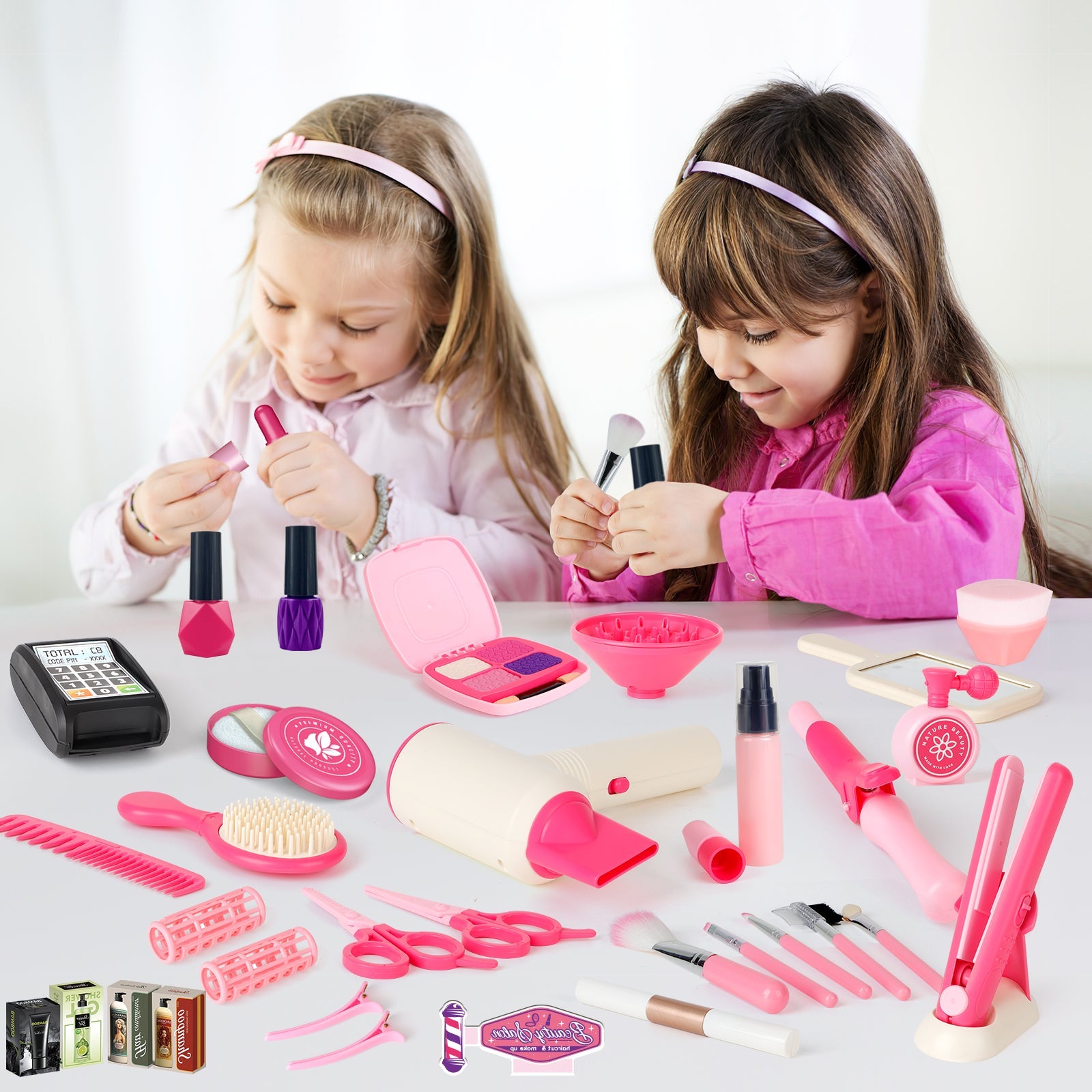 50 Pièces Trousse de Maquillage Enfant Fille Set Coiffure Beauté Mode Kit Faux Salon de Coiffure Jouet Ensemble Accessoires de Maquillage Playset Pour Enfants