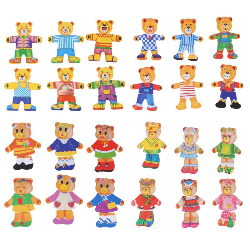 Fidtoy Famille d'ours en bois à habiller pour tout-petits – Jouet éducatif créatif avec tenues et expressions