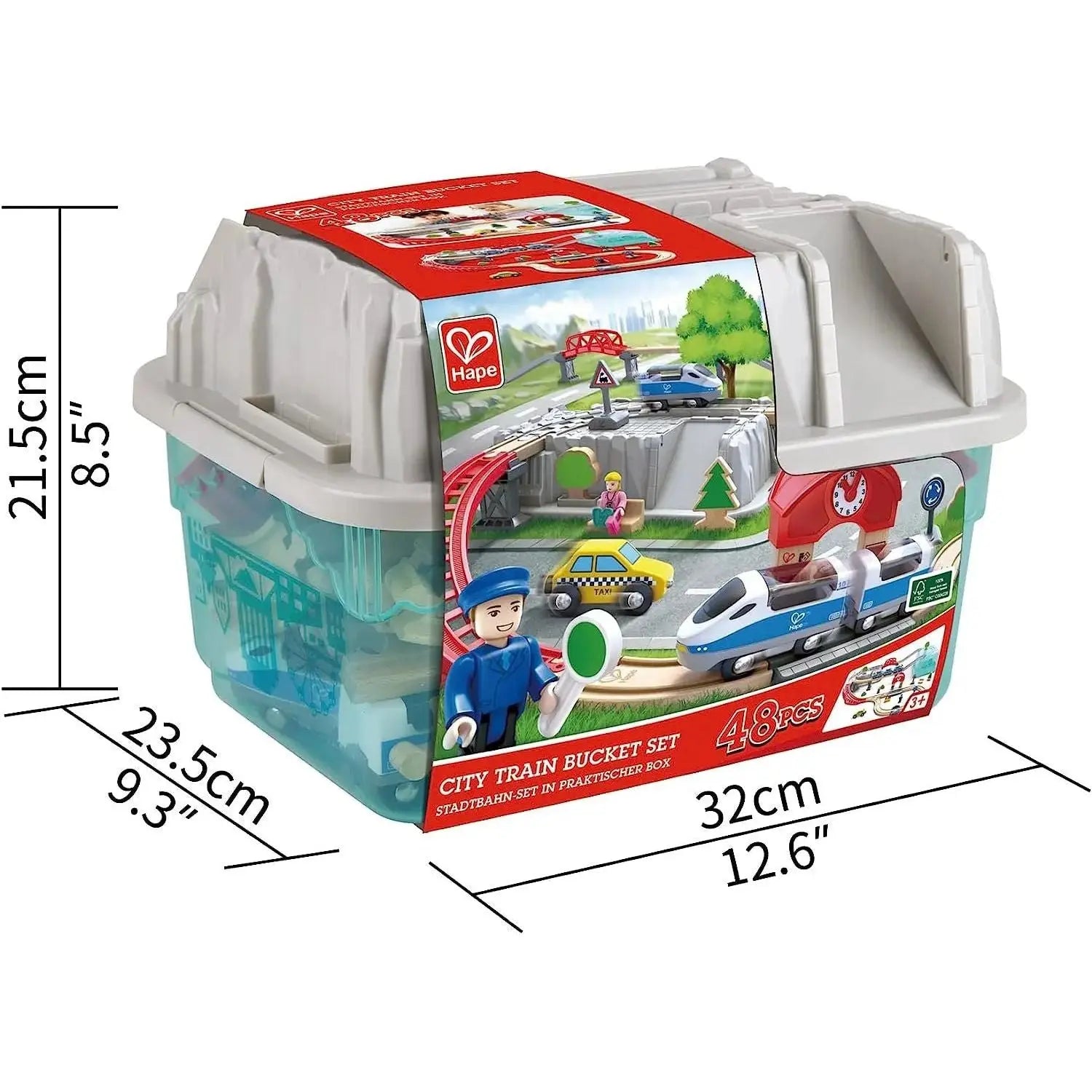 Fidtoy Circuit de train de ville en bois avec seau de rangement