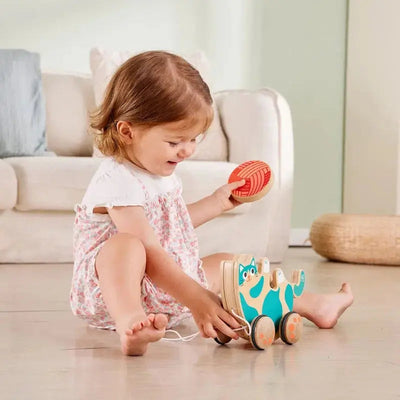 Fidtoy Juguete de arrastre con forma de gatito para bebés, juguete de madera con ruedas para niños pequeños