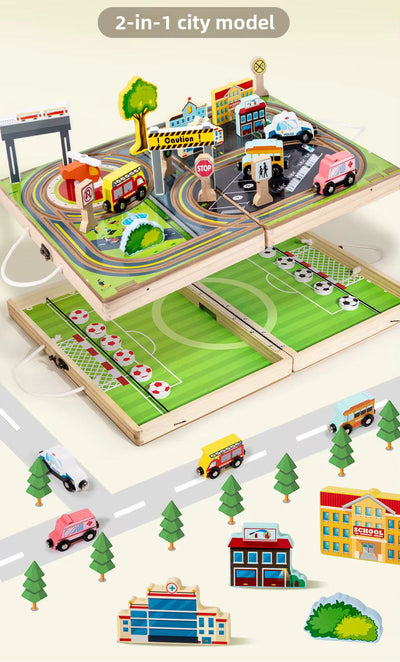 Ensemble de jeu 2 en 1 en bois : Ville & Football | Boîte d'activités portable et pliable pour enfants | Coffret de 18 véhicules et bâtiments | Jouet de voyage Montessori