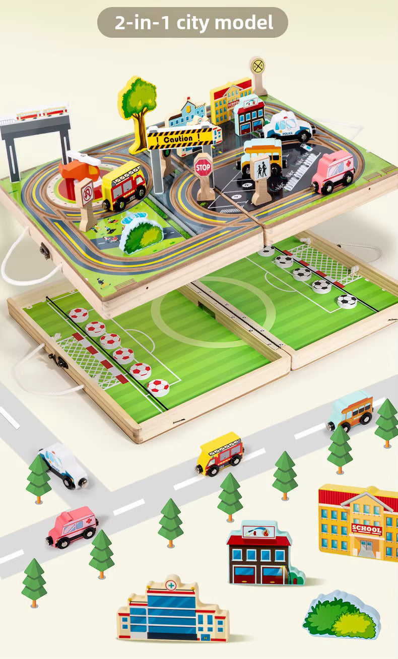 Ensemble de jeu 2 en 1 en bois : Ville & Football | Boîte d'activités portable et pliable pour enfants | Coffret de 18 véhicules et bâtiments | Jouet de voyage Montessori