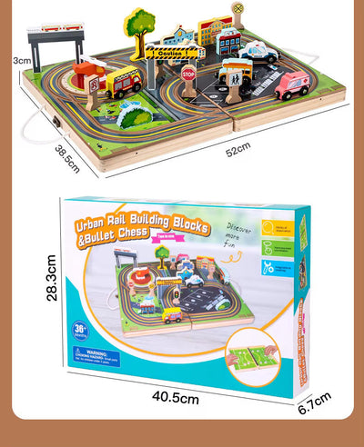 Ensemble de jeu 2 en 1 en bois : Ville & Football | Boîte d'activités portable et pliable pour enfants | Coffret de 18 véhicules et bâtiments | Jouet de voyage Montessori