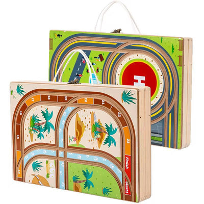 Ensemble de jeu 2 en 1 en bois : Ville & Football | Boîte d'activités portable et pliable pour enfants | Coffret de 18 véhicules et bâtiments | Jouet de voyage Montessori
