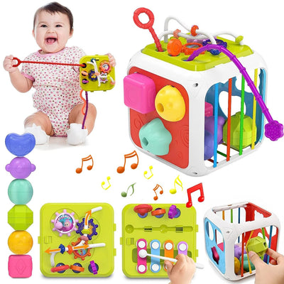 Fidtoy Cube d'activités Montessori 7-en-1 pour tout-petits – Cube d'apprentissage sensoriel multifonctionnel avec trieur de formes, xylophone, engrenages, perles, ficelle à tirer et blocs empilables