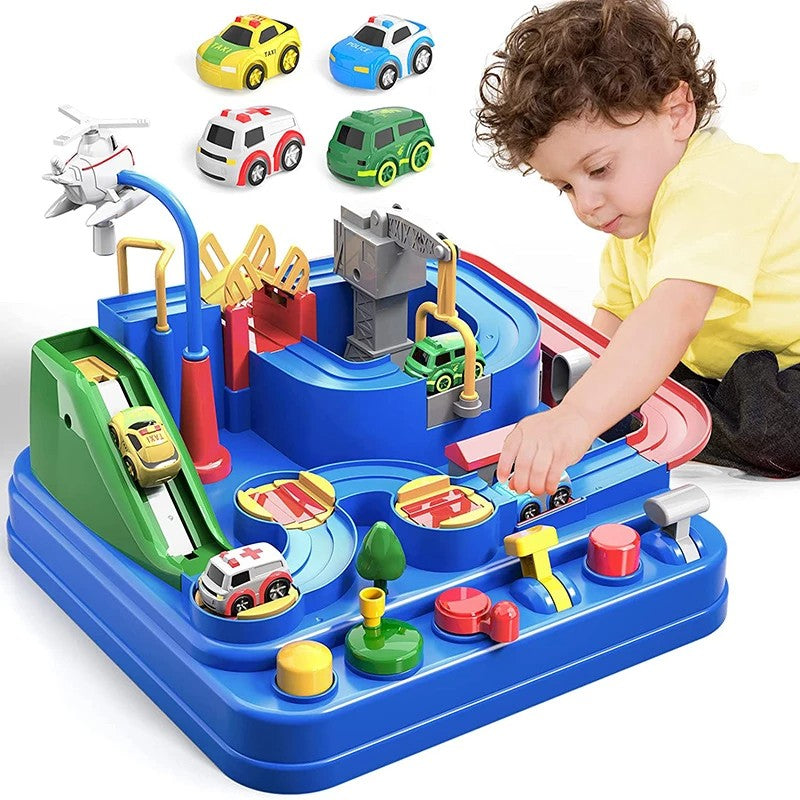 Fidtoy 2-in-1 Adventure Car Track Toy for Kids – Multi-Level City Rescue Track Set with 3 Mini Cars, 6 Control Buttons, 8 Challenges, and Manual Racing Play