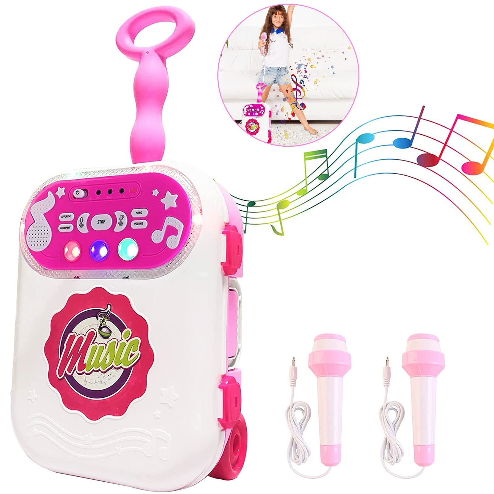 Machine de karaoké 2 micros avec mallette de transport, kit de jeu avec enregistrement de chant, prise MP3 intégrée, lumières LED, jouet éducatif pour enfants