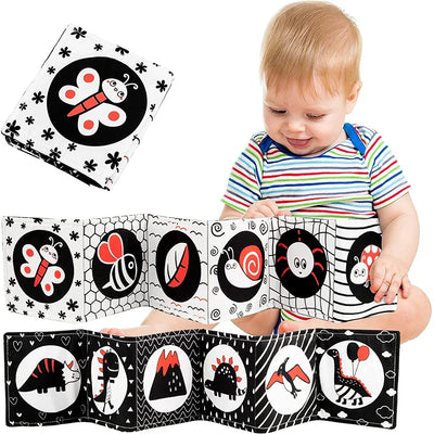 Livre en tissu à contraste élevé Fidtoy pour bébés – Set de jouets Montessori noir et blanc sensoriels pour le temps sur le ventre de 0 à 6 mois
