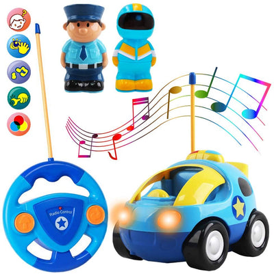 2 Poupées Télécommande Voiture de Dessin Animé pour Tout-Petits avec Lumière Musique Jouets de Voiture de Police RC Cadeau d'Anniversaire ou de Noël Idéal pour Enfants