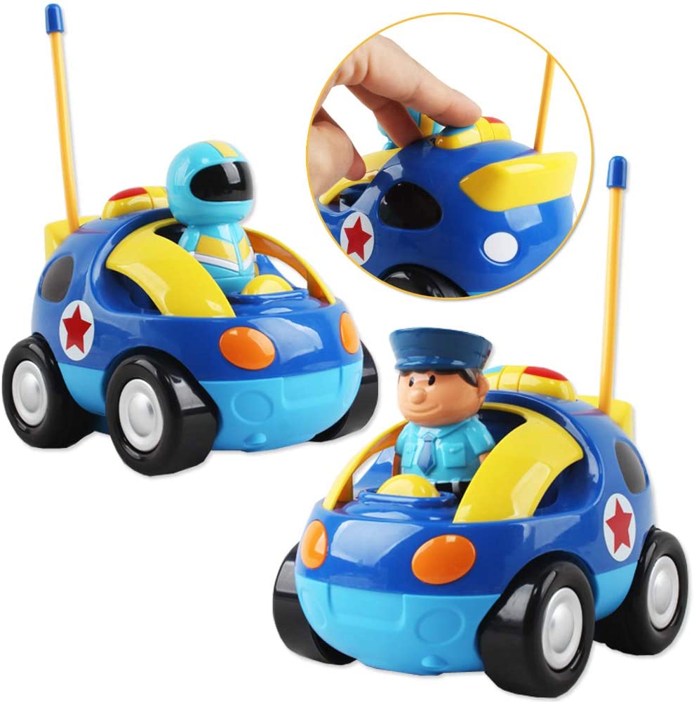 2 Poupées Télécommande Voiture de Dessin Animé pour Tout-Petits avec Lumière Musique Jouets de Voiture de Police RC Cadeau d'Anniversaire ou de Noël Idéal pour Enfants