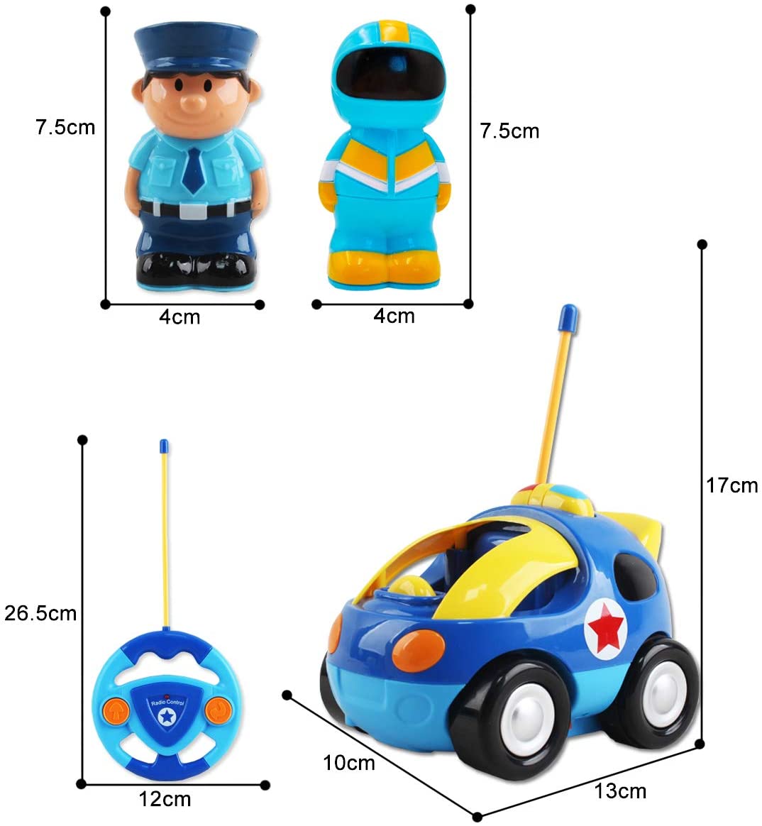 2 Poupées Télécommande Voiture de Dessin Animé pour Tout-Petits avec Lumière Musique Jouets de Voiture de Police RC Cadeau d'Anniversaire ou de Noël Idéal pour Enfants