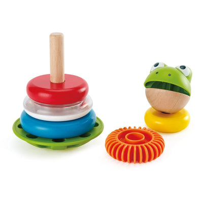 Juguete apilable de ranas de madera Fidtoy con base tambaleante, juguete de aprendizaje