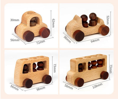 Voitures jouets en bois et personnages en bois à fiches, ensemble naturel de 4