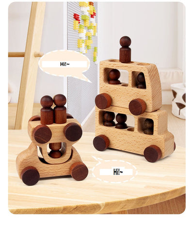 Voitures jouets en bois et personnages en bois à fiches, ensemble naturel de 4