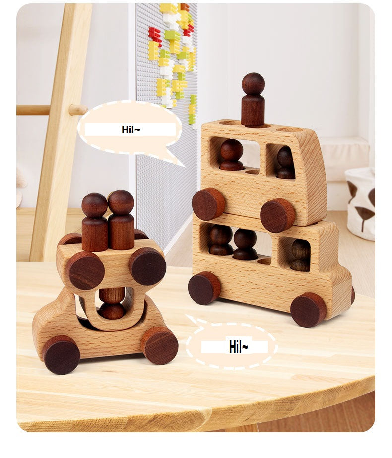 Voitures jouets en bois et personnages en bois à fiches, ensemble naturel de 4