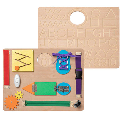 Montessori Wooden Busy Board Zipping, shoeslace, doors with ABC Tracing Pastel Busy Board Toy