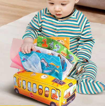 Caja de pañuelos de juguete Montessori de lujo para bebés, juego sensorial de cucú, 26 pañuelos de seda y papeles arrugados