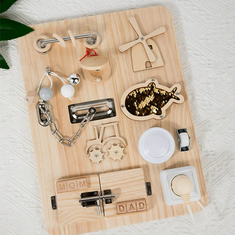 Tableau sensoriel Montessori pour jeu calme - Tableau d'activités en bois naturel