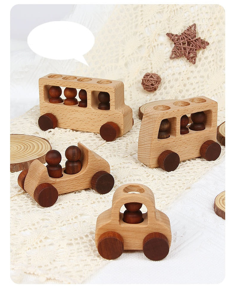 Voitures jouets en bois et personnages en bois à fiches, ensemble naturel de 4