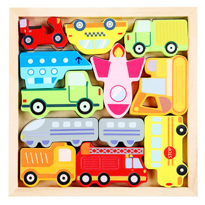 Bloques de rompecabezas de madera con temática de coches y camiones de tráfico para niños con bandeja
