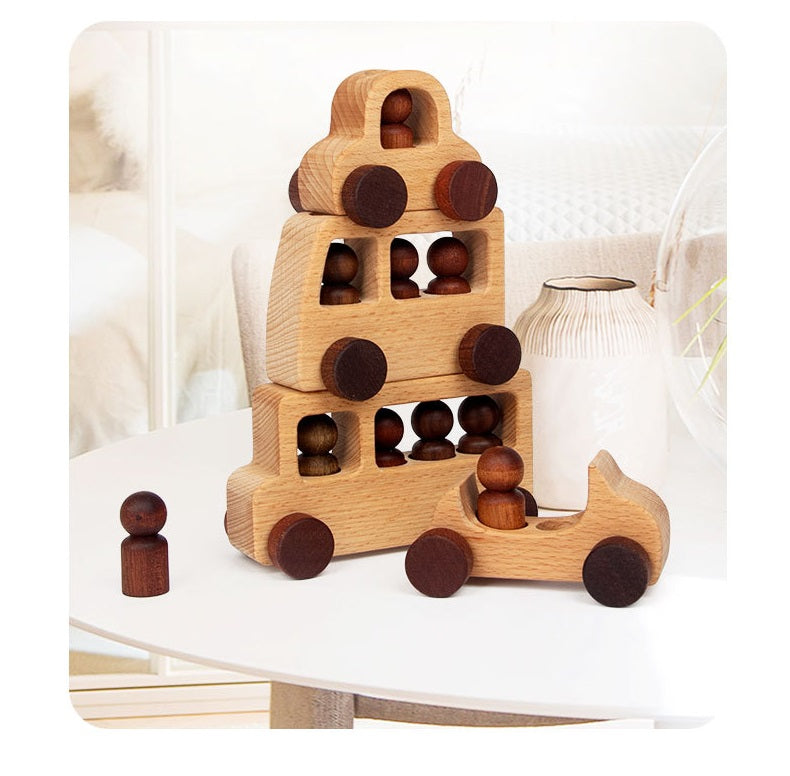 Voitures jouets en bois et personnages en bois à fiches, ensemble naturel de 4