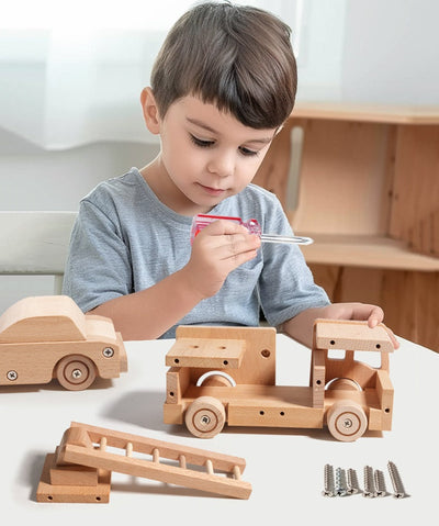 Kit de construction de camion de pompiers en bois pour enfants avec outils réels