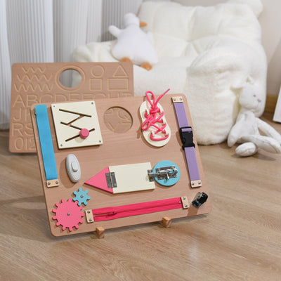 Montessori Wooden Busy Board Zipping, shoeslace, doors with ABC Tracing Pastel Busy Board Toy