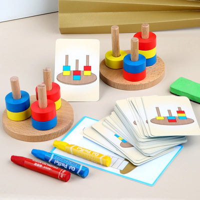 Jouet d'éveil Montessori 2 : Perles à empiler avec cartes flash (Séquence de 3 colonnes)
