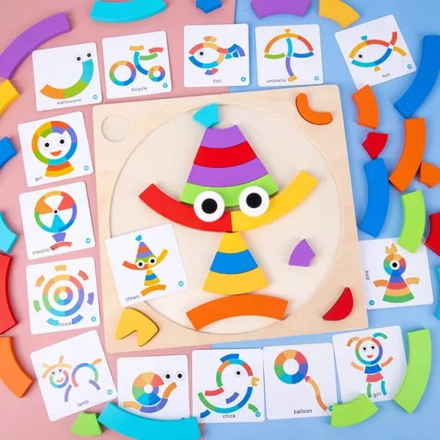 Fidtoy Rainbow Colorful Pattern Puzzle Board with Cards Wooden Montessori Blocks Set for Toddlers Shape Color Matching Toy