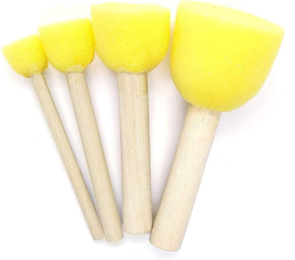 Fidtoy 16-Piece Round Sponge Brush Set for Kids Ages 3+, Wooden Handle Sponge Painting Stampers with 4 Sizes, Yellow Art Brushes for School, Home Painting, Art Studio and Outdoor Doodle Activities