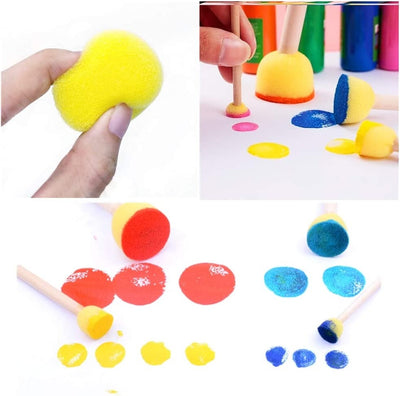 Fidtoy 16-Piece Round Sponge Brush Set for Kids Ages 3+, Wooden Handle Sponge Painting Stampers with 4 Sizes, Yellow Art Brushes for School, Home Painting, Art Studio and Outdoor Doodle Activities