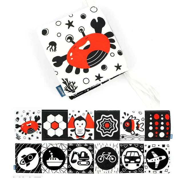 Livre en tissu à contraste élevé Fidtoy pour bébés – Set de jouets Montessori noir et blanc sensoriels pour le temps sur le ventre de 0 à 6 mois