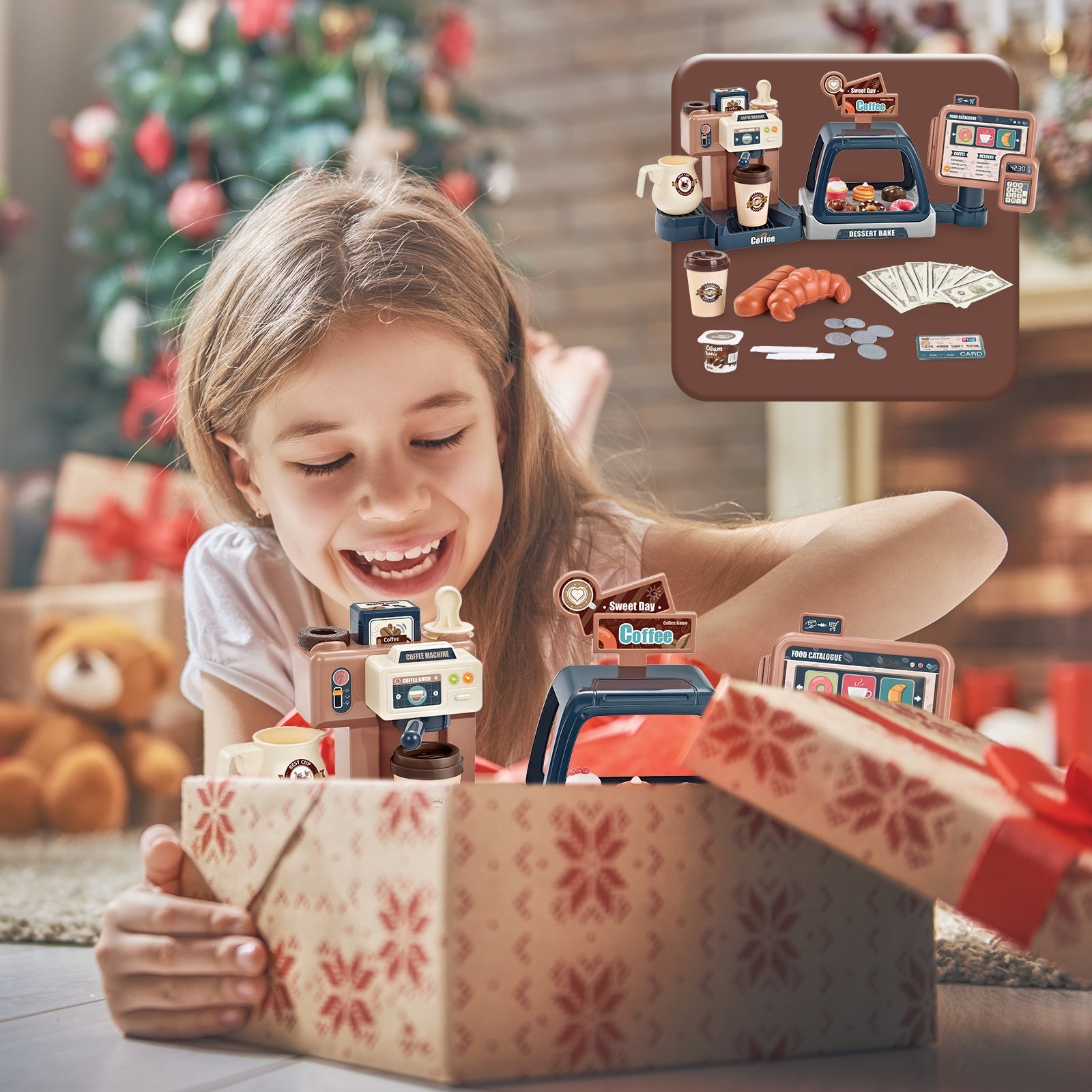 Pretend Kitchen Play Store Coffee Playset Toddlers Coffee Maker Play Set Dessert Shopping with Coffee Machine Cash Registers Toy Kids Age 3+