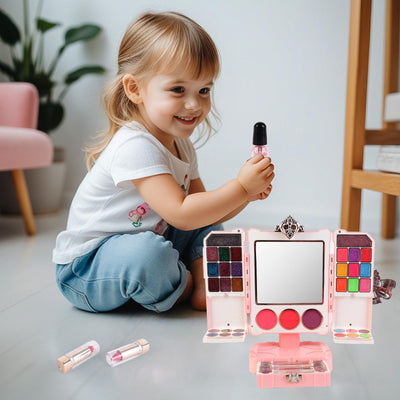 Coiffeuse Rose de Maquillage pour Enfants – Coiffeuse Pliable avec Miroir, Lumières Musicales et Accessoires de Maquillage Complets pour Filles, Idéale pour le Jeu d'Imitation et les Jeux de Rôle, Cadeau pour les 3 Ans et Plus
