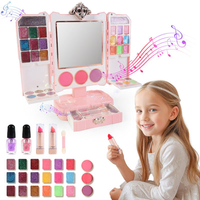 Coiffeuse Rose de Maquillage pour Enfants – Coiffeuse Pliable avec Miroir, Lumières Musicales et Accessoires de Maquillage Complets pour Filles, Idéale pour le Jeu d'Imitation et les Jeux de Rôle, Cadeau pour les 3 Ans et Plus